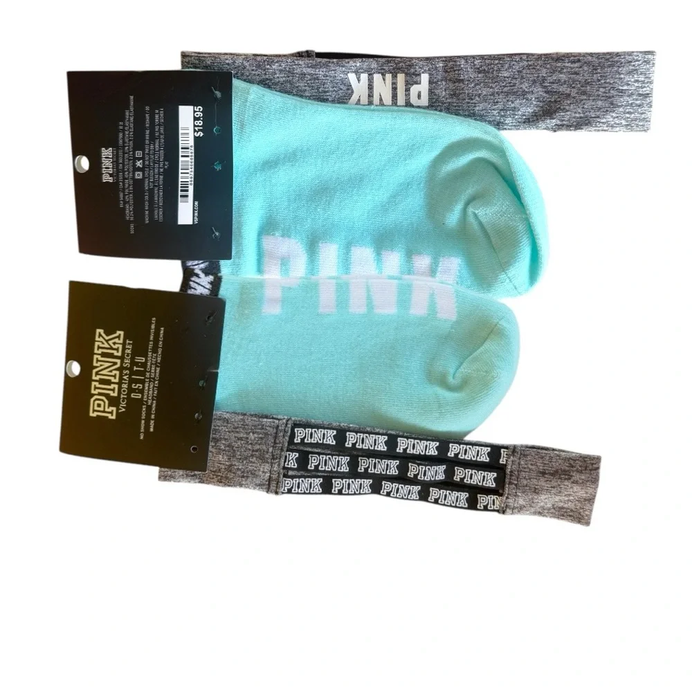 PINK VICTORIA’S SECRET SET *GRAY LOGO HEADBAND & NO-SHOW ANKLE SOCKS, NWT, NEW